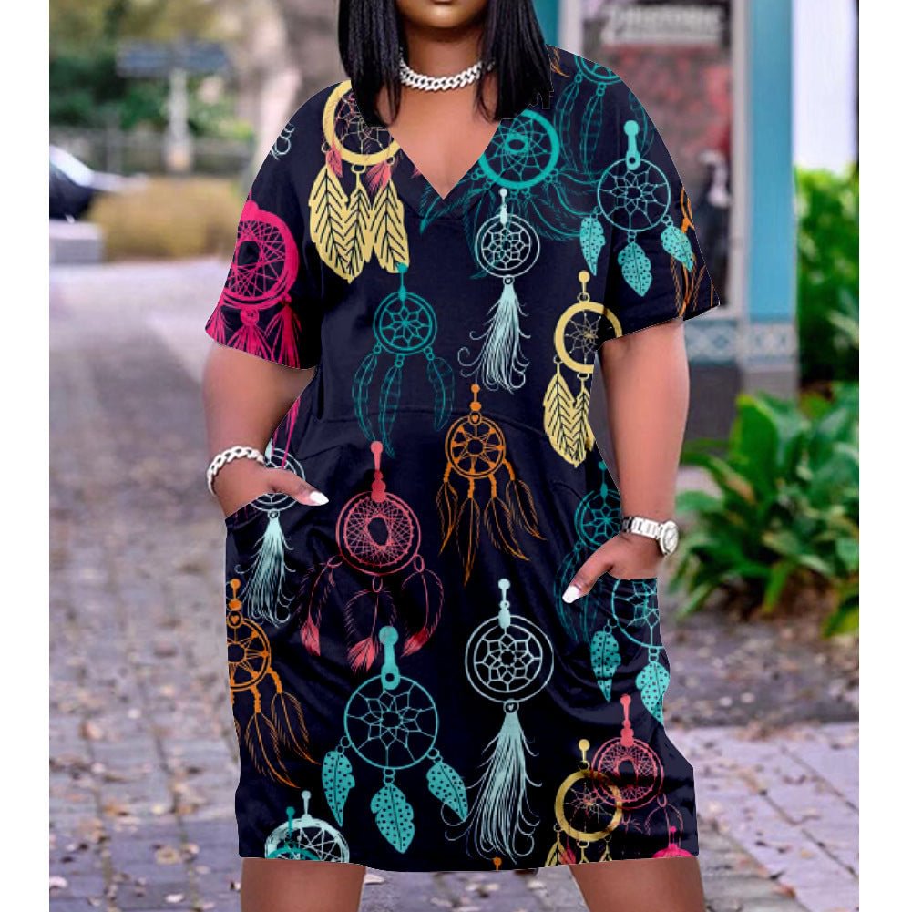 3D printed loose plus size v-neck mid-sleeve dress