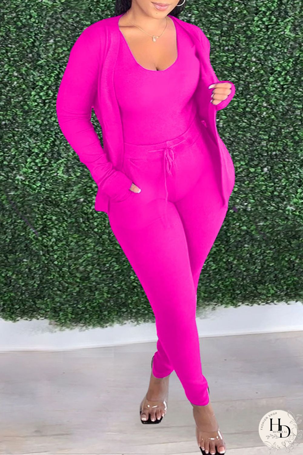 rose red Sportswear Solid O Neck Long Sleeve Regular Sleeve Two Pieces