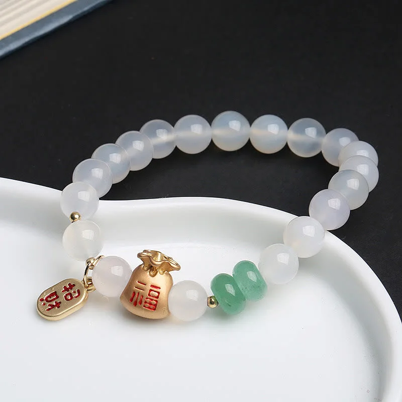 White Agate Red Agate Money Bag Fu Character Four Leaf Clover Protection Charm Bracelet