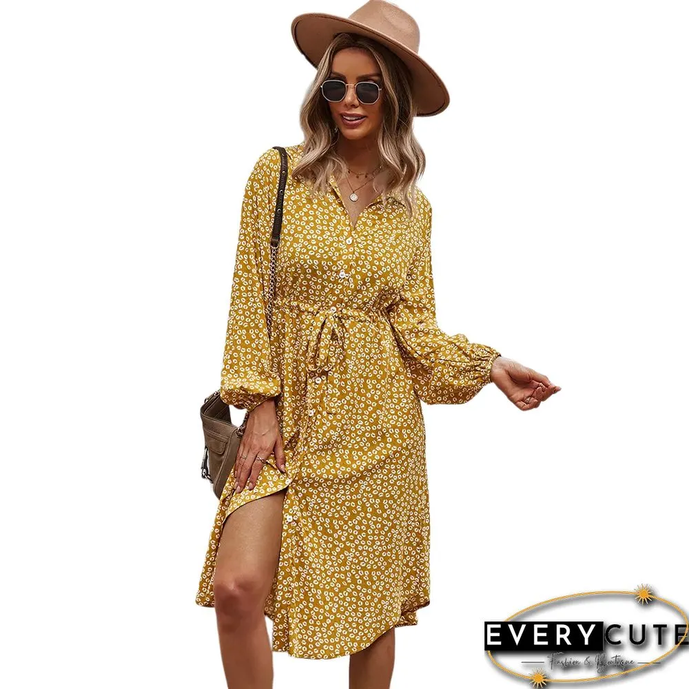 Yellow Floral Print Button Tie Waist Shirt Dress
