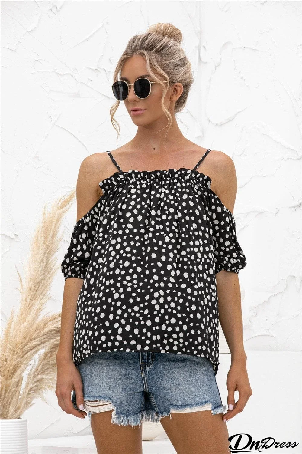 Printed Cold-Shoulder Frill Trim Blouse
