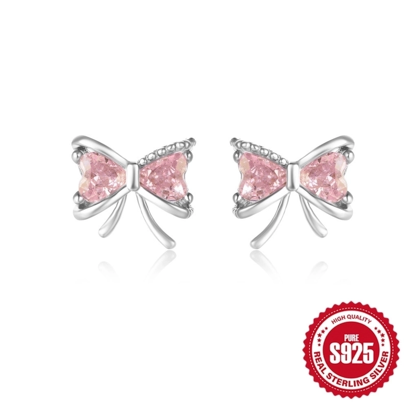 1 Pair 925 Sterling Silver Zircon Heart Shape Bow Knot Ear Studs