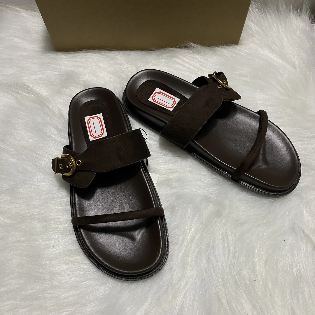 Breakj Breakj Home 2025 New Summer New Flat-Bottom Metal Single-Buckle Double Buckle Strap Wear Two Uncle Slippers Woman
