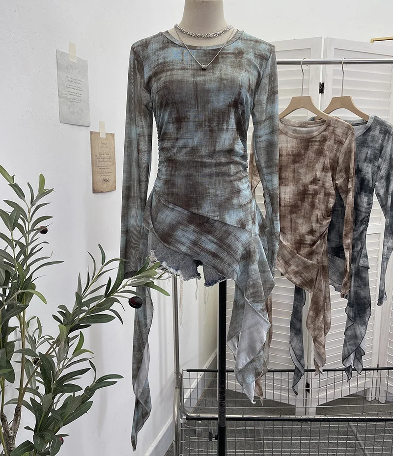 Nigikala Nigikala Print Double-Layer Mesh Long-Sleeved Top Design Feel Irregular Ribbon-Up T-Shirt 99981