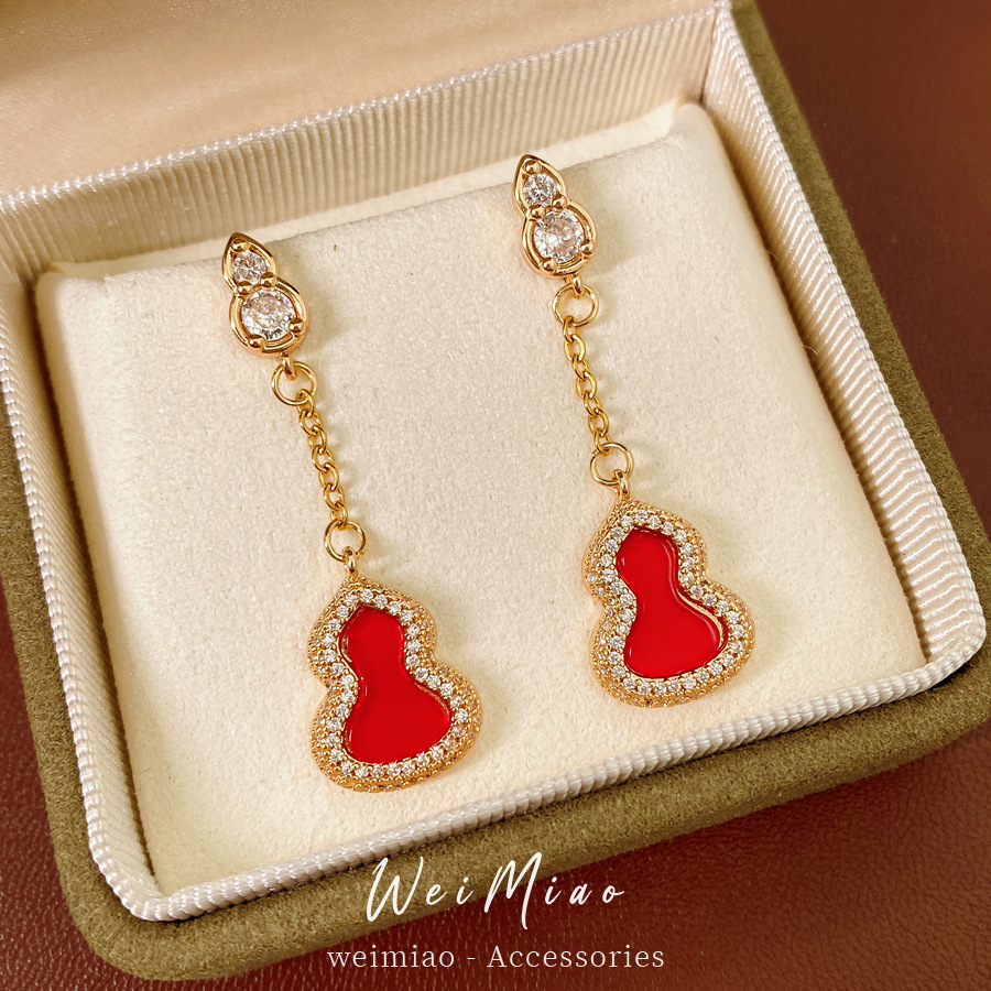 18k gold-plated silver needle zircon gourd earrings luxurious and sophisticated Chinese style