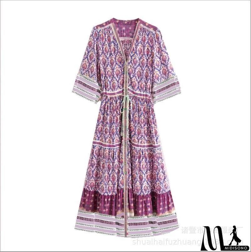MidiSono - Print V Neck Short Sleeve Maxi Dress