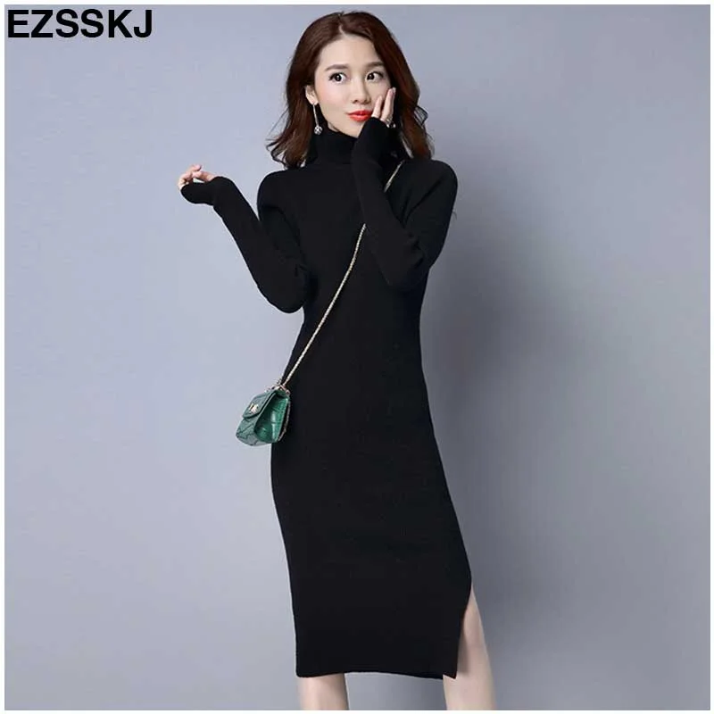 warm autumn winter meduim long women sweater dress split side turtleneck robe female elasticity slim bodycon knit long dress