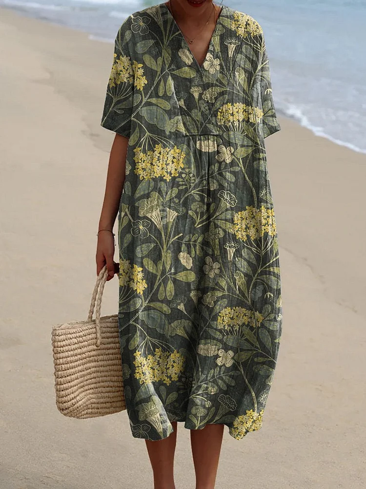 Yellow Alyssum Floral Repeat Pattern Printed Women's Flowy Dress
