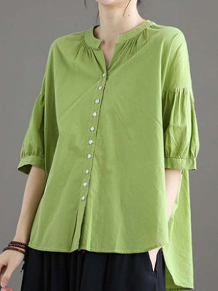 Solid Color O neck Loose Half Sleeve Button Vintage Blouse P1857573