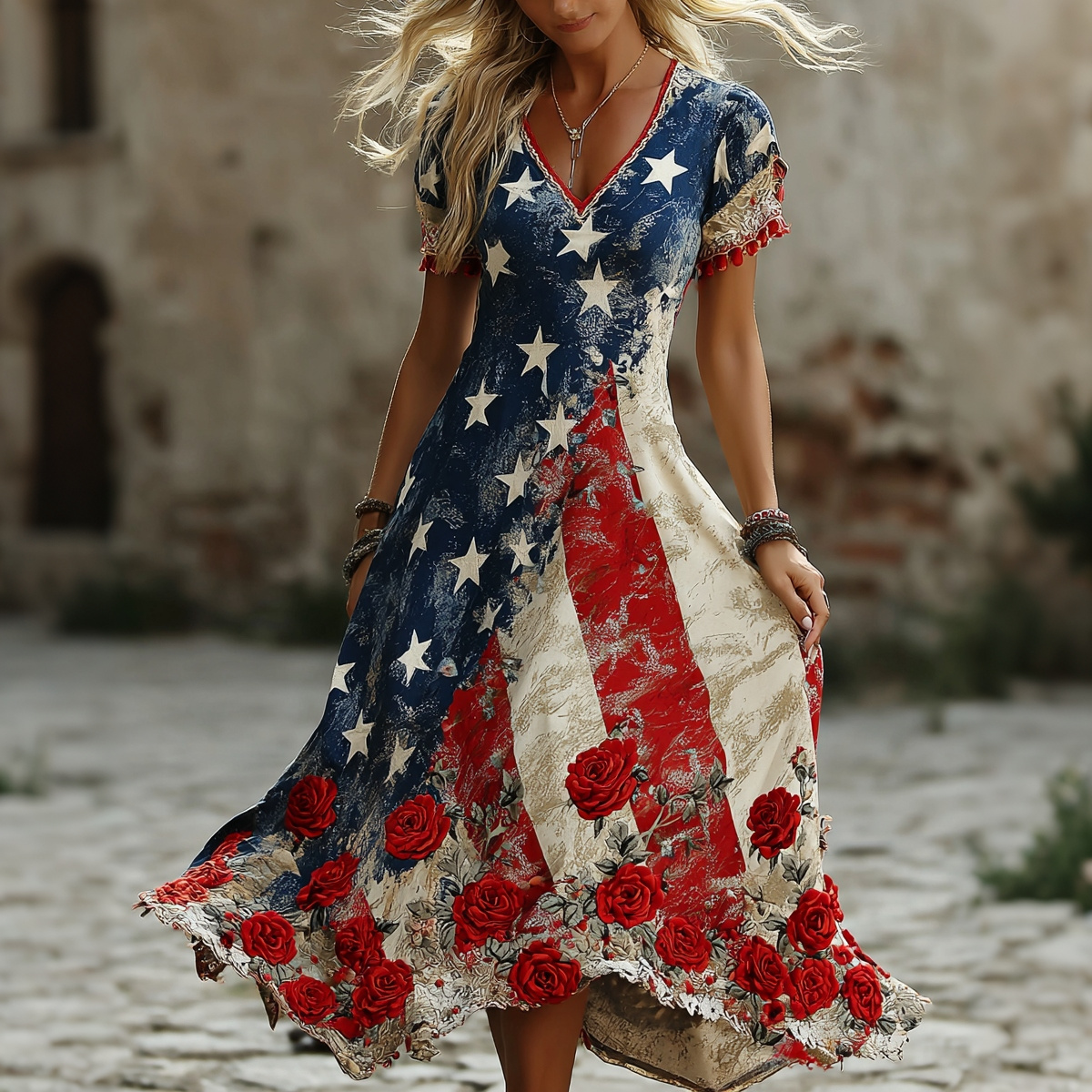  Women's Floral Design Contrast Print Midi Dress Westsshops