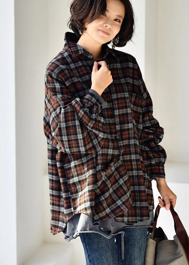 Stylish Black Coffee Plaid Peter Pan Collar Low High Design Cotton Shirt Long Sleeve