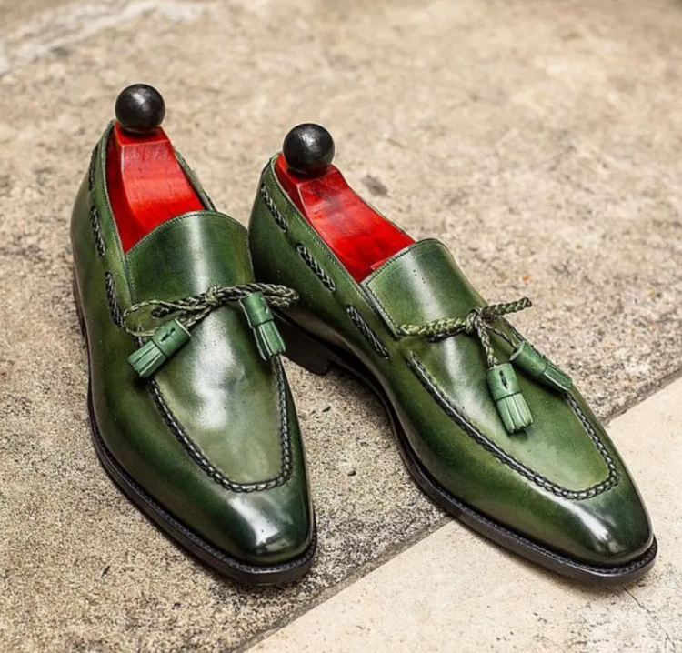【PLUS SIZE】Men's Green Genuine Leather Tassel Formal Dress Shoes