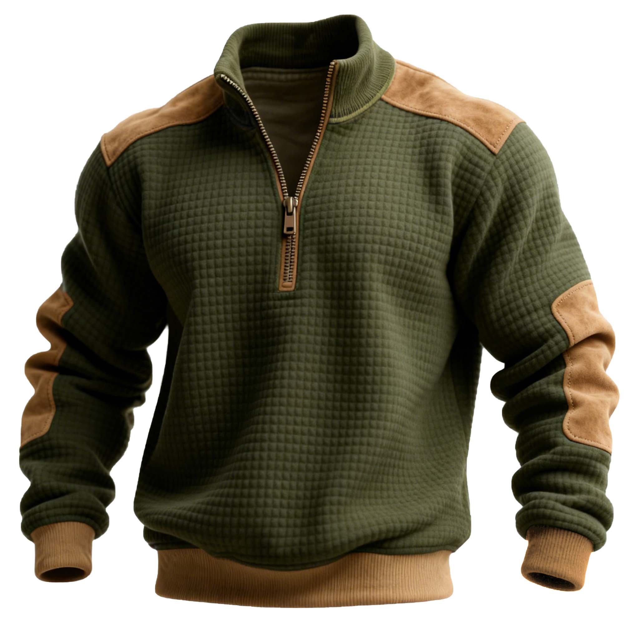 Olive Green Quilted Sweatshirt with Contrast Suede Panels