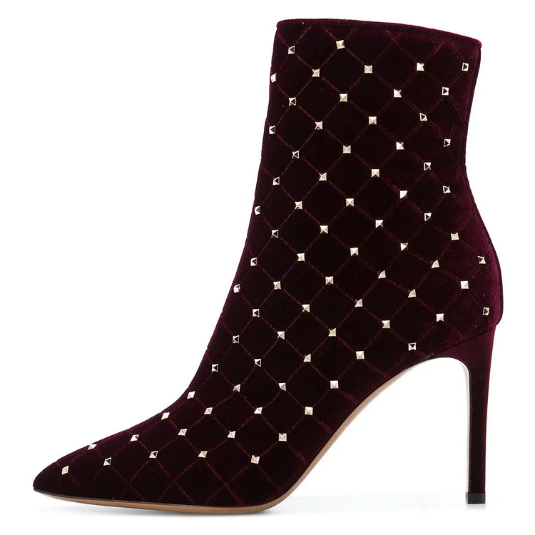 Burgundy Velvet Studded Boots Stiletto Heel Ankle Boots |FSJ Shoes