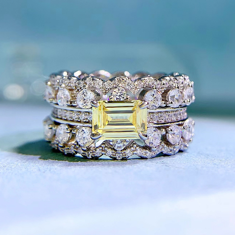 MIKAMU Jewelry S925 Pure Silver Women's Hand Jewelry with Yellow Diamond Inlay - Luxurious Geometric Double-Row Full Diamond Ring for Wedding, Birthday, and Engagement Gifts