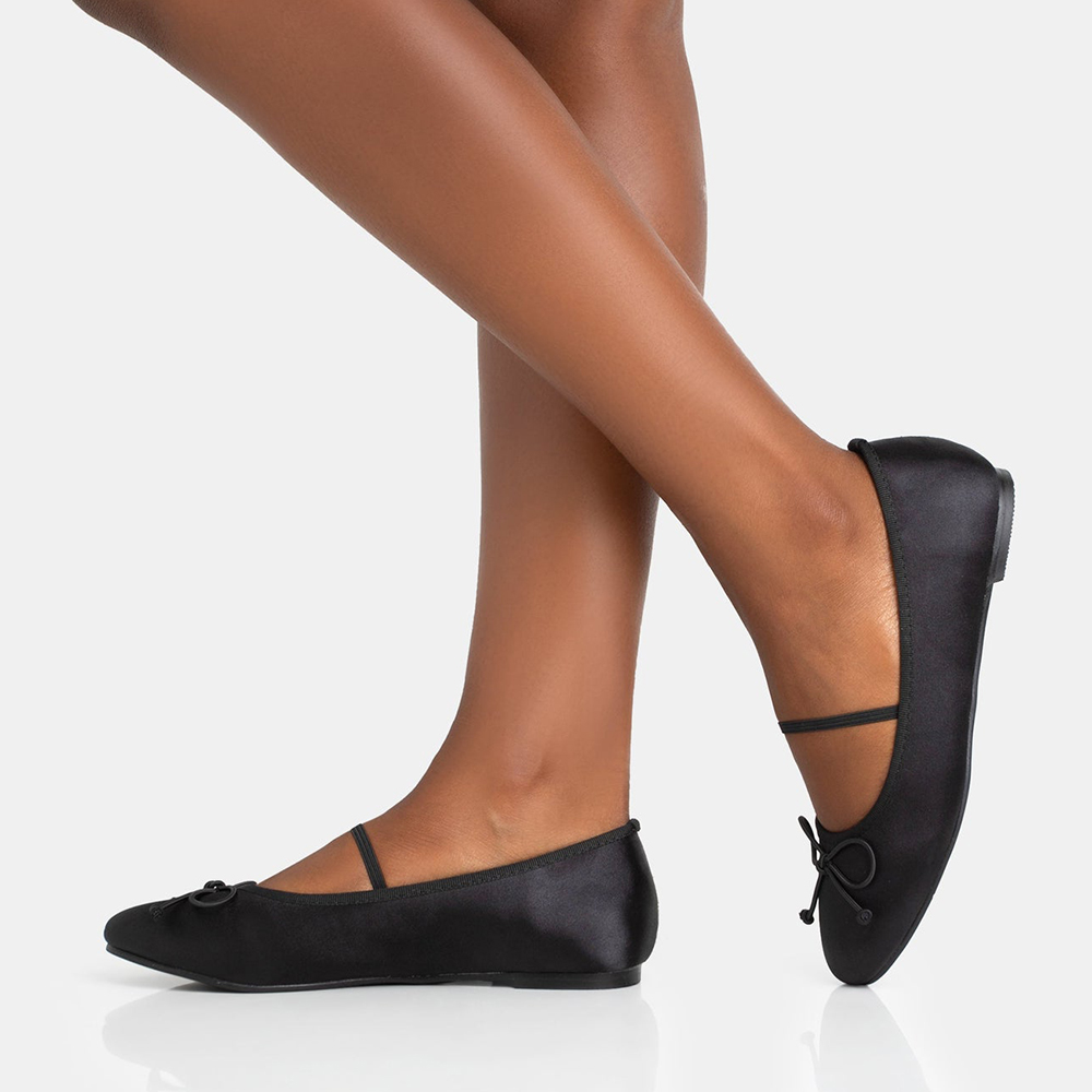 Black Satin Round Toe Flat Pumps with Bow Nicepairs
