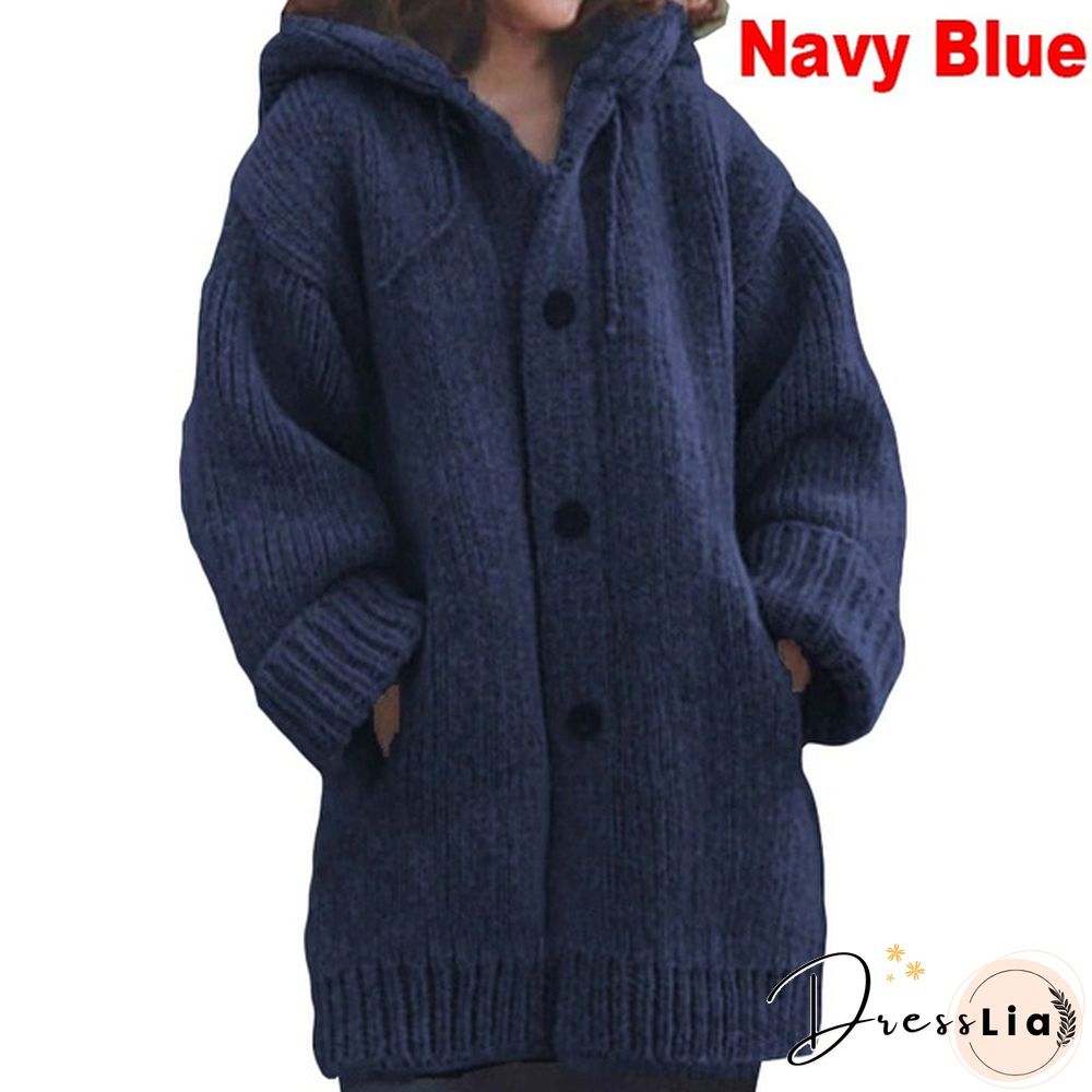 New Autumn Fashion Women Winter Coat Knit Hooded Sweater Loose Mid-length Button Up Knitted Cardigan Jackets for Women Outwear vestidos mujer casacos de inverno feminino