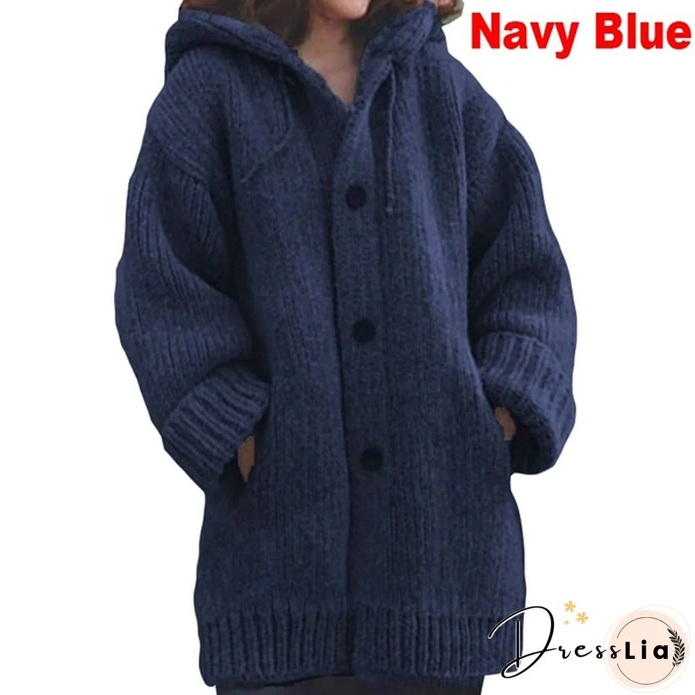 New Autumn Fashion Women Winter Coat Knit Hooded Sweater Loose Mid-length Button Up Knitted Cardigan Jackets for Women Outwear vestidos mujer casacos de inverno feminino