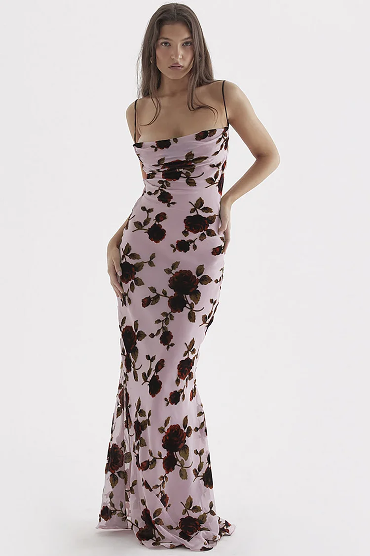 Vacation Cami Floral Print Backless Tied Up Bodycon Fishtail Maxi Dress