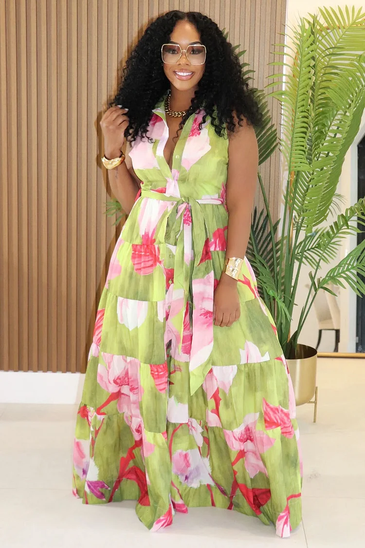 Floral Print Tiered Button Up Sleeveless Maxi Dresses-Green