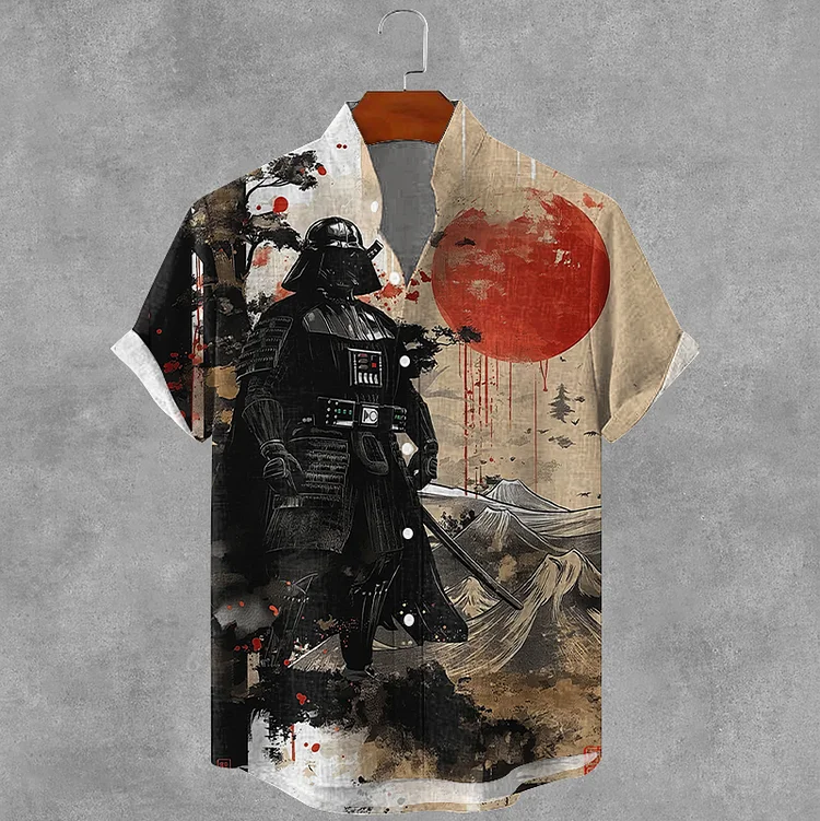 Simpfit Herren Vintage Japanisches Ukiyoe Tintenkunst Nachahmung aus Nachahmung aus Baumwolle und Leinen Gemütliches Hemd