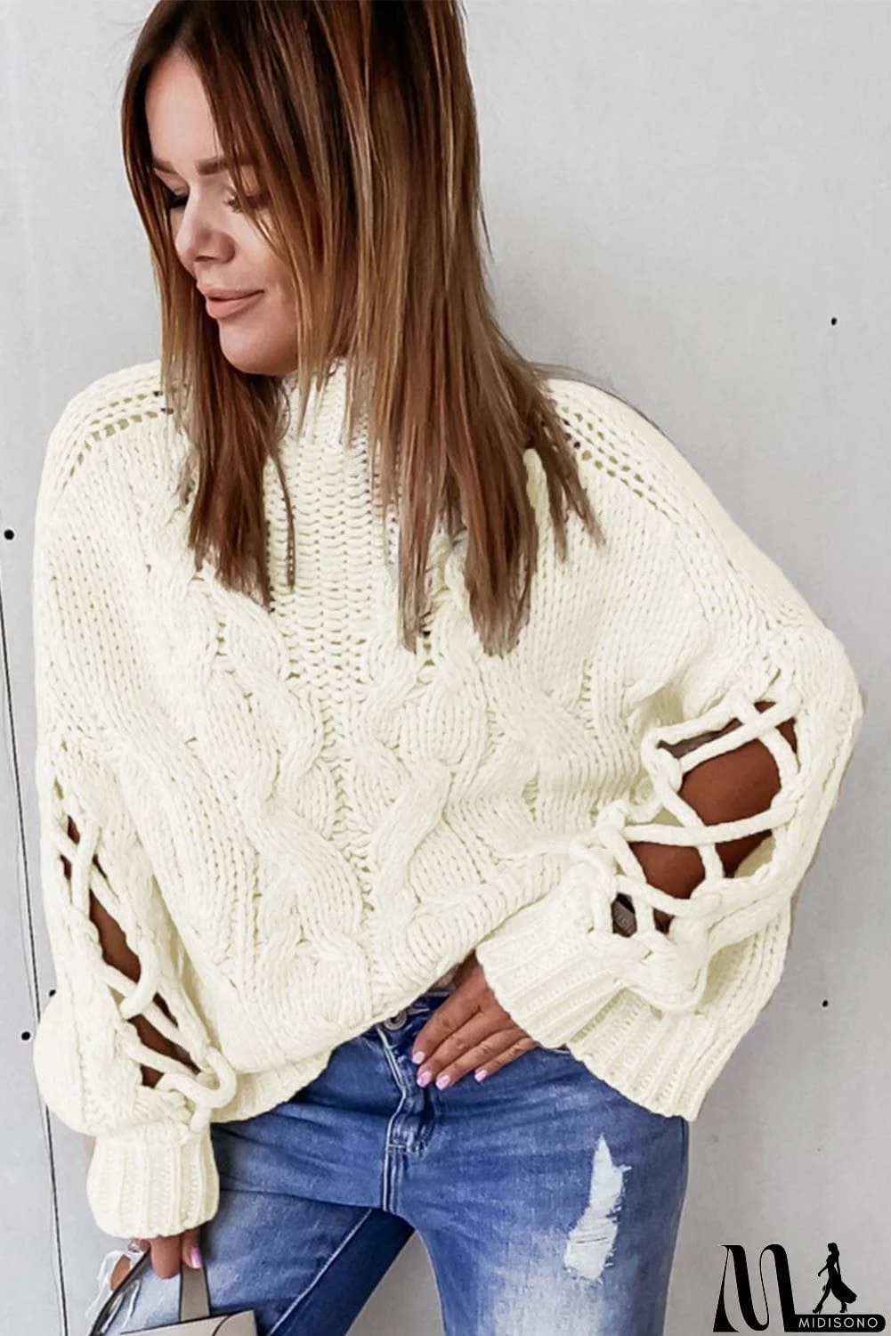 MidiSono - High Neck Cable Knit Hollow-out Sleeves Sweater