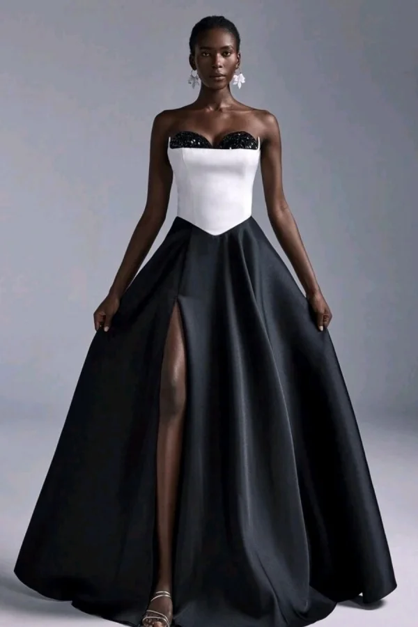 Miabel Luxurious Black and White Satin Beaded Sleeveless Sweetheart Prom Dress with Split 