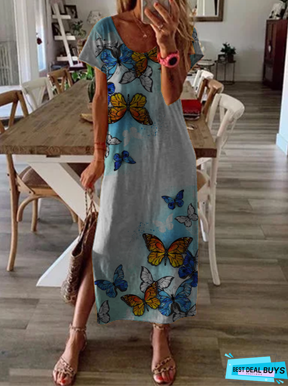 Boho Shift Butterfly Short Sleeve Knitting Dress