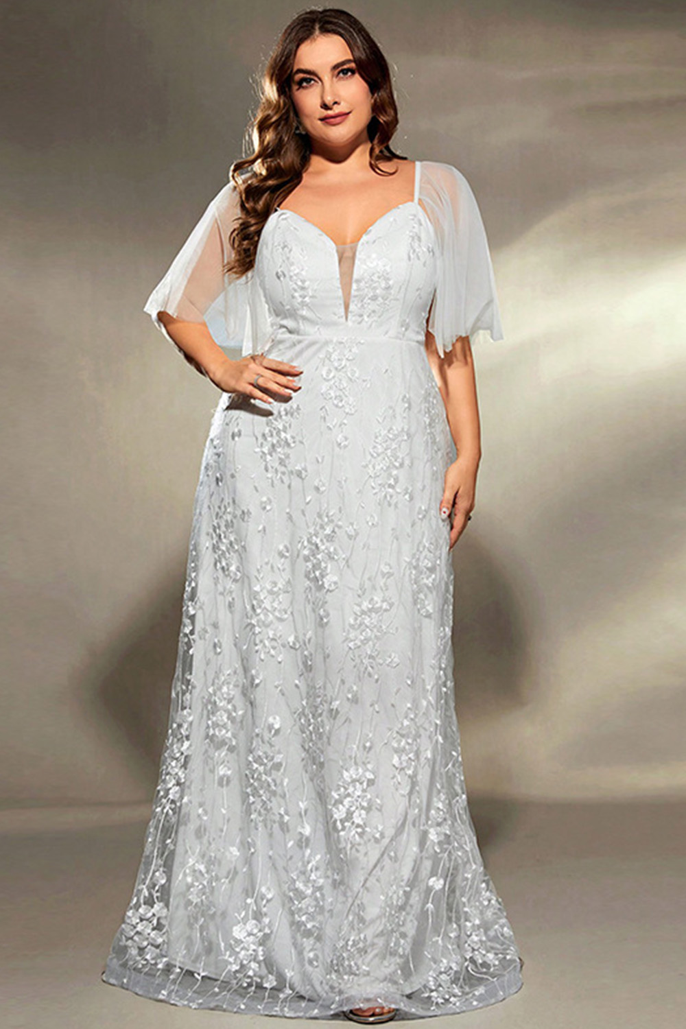 Plus Size Formal White Lace Flutter Sleeve Maxi Dress