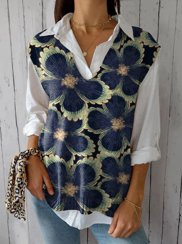 Women's Vintage Lovely Floral Art Print Versatile Knitted Vest