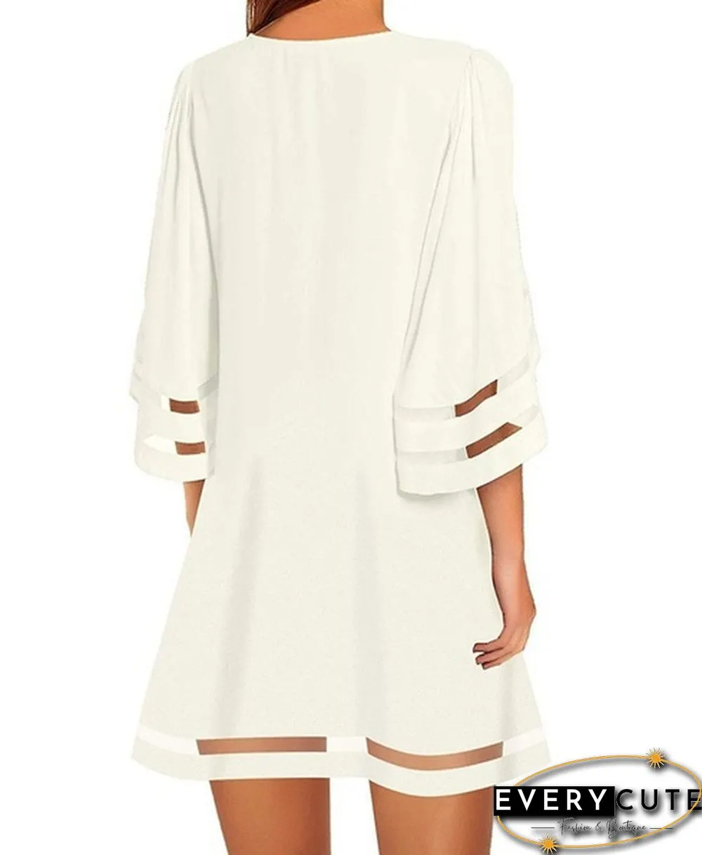 New summer womens short sleeve Round-neck flared casual dress solid color patchwork