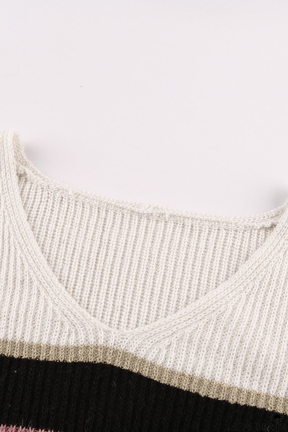 Khaki Casual Color-Block Striped Long Sleeve V Neck Sweater