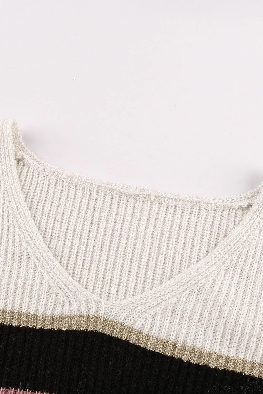 Khaki Casual Color-Block Striped Long Sleeve V Neck Sweater