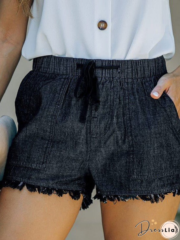 Women'S High Waist Denim Shorts With Elastic Waistband And Fringed Details