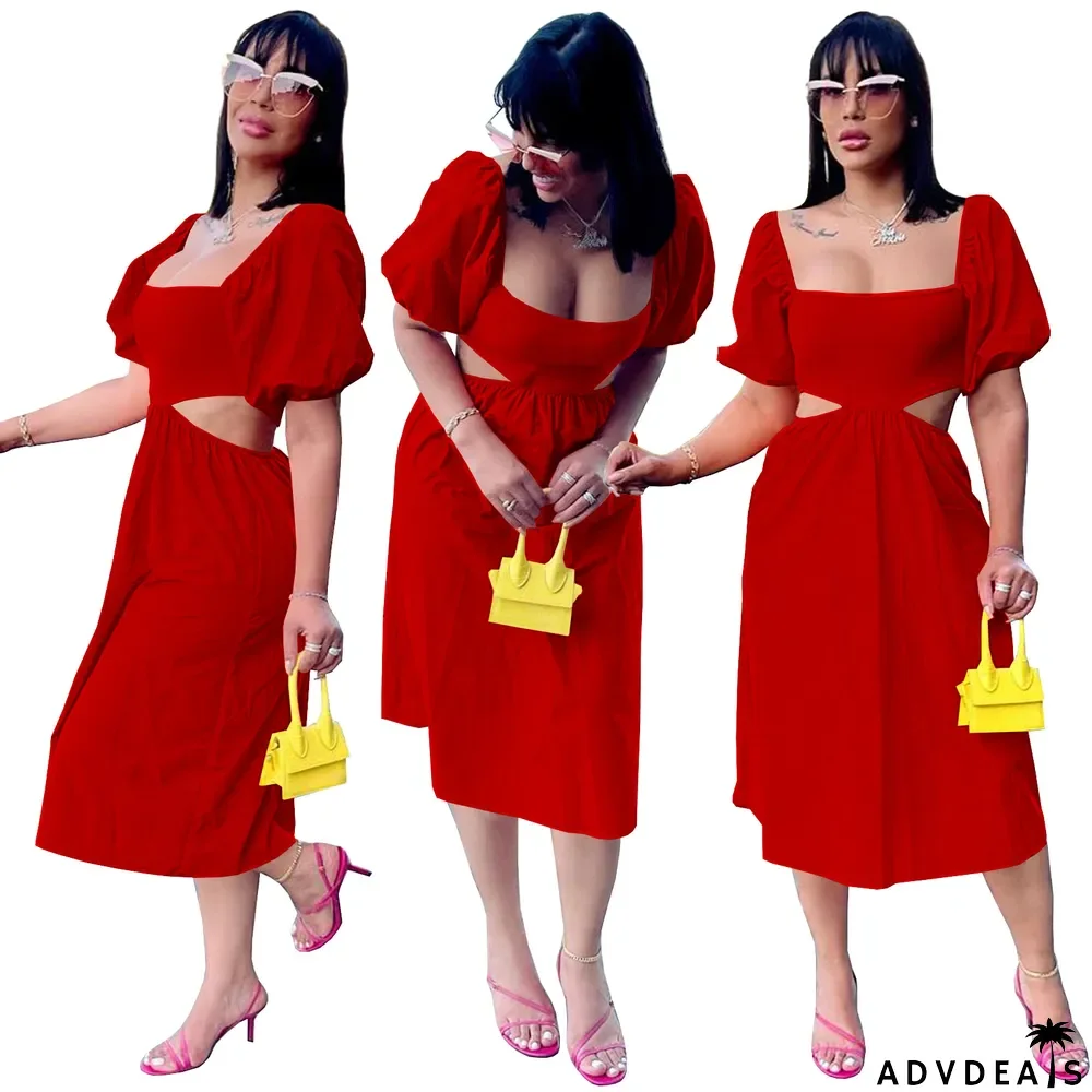 Ladies Solid Color U-Neck Balloon Short Sleeve Open Waist Low Back Dress