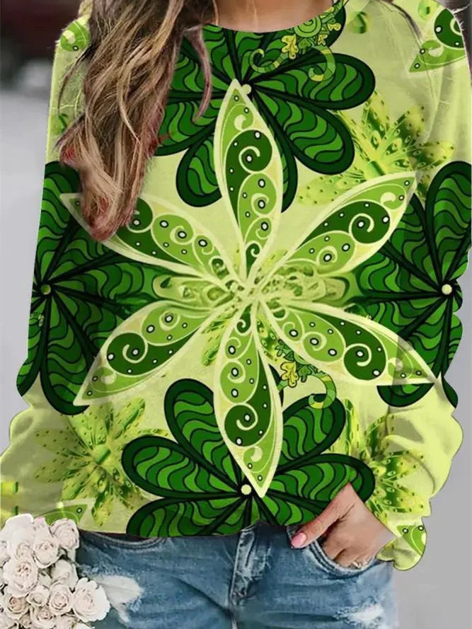 Women's Long Sleeve Scoop Neck Four Leaf Clover Printed Graphic Tops