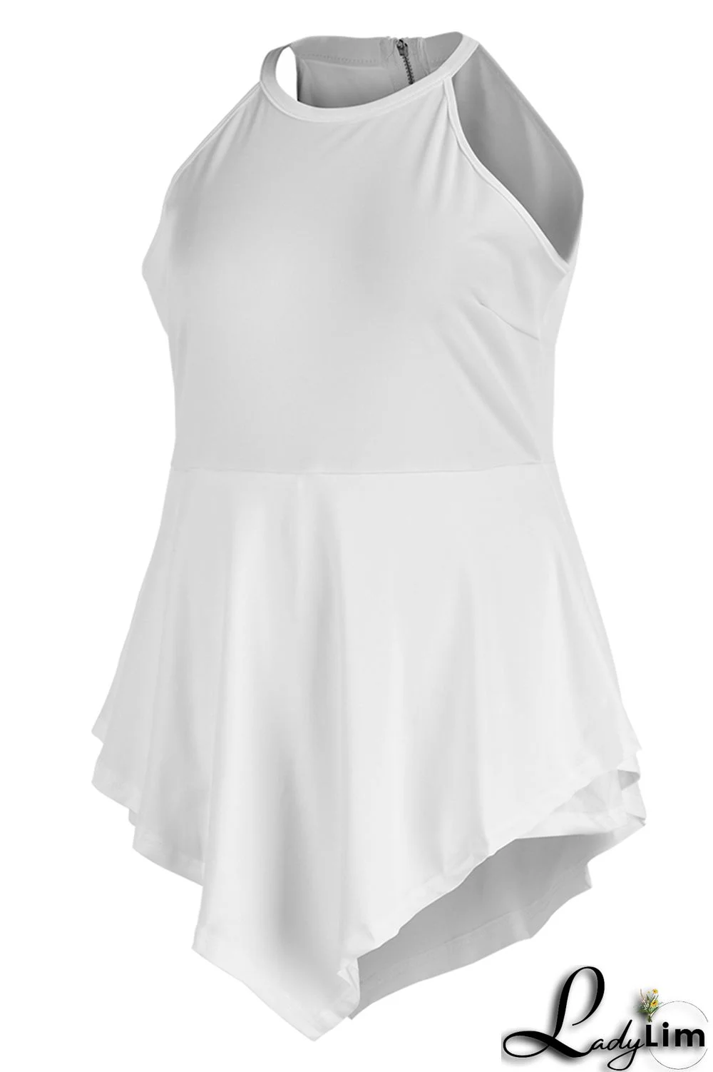 White Fashion Casual Solid Split Joint Asymmetrical O Neck Plus Size Romper