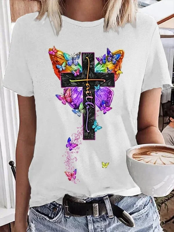 Women's Faith Cross Butterfly Print Crewneck Basic T-Shirt