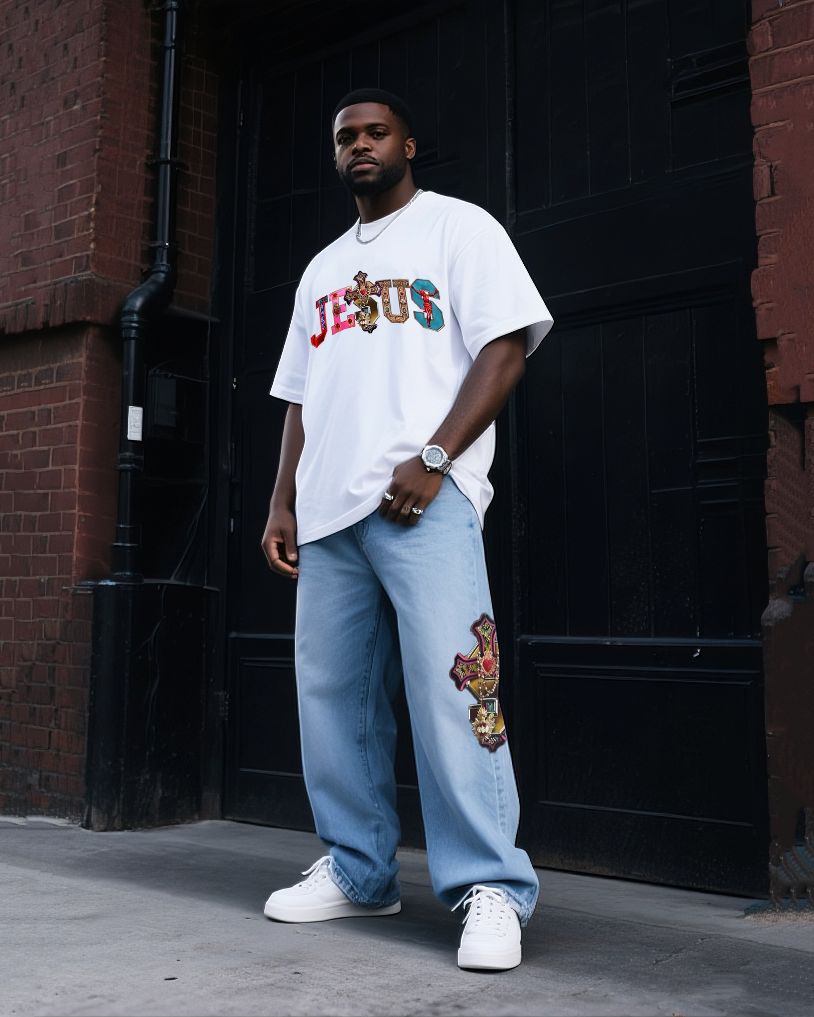 Big & Tall Men's Color Print JESUS T-Shirt Denim Pants Suit