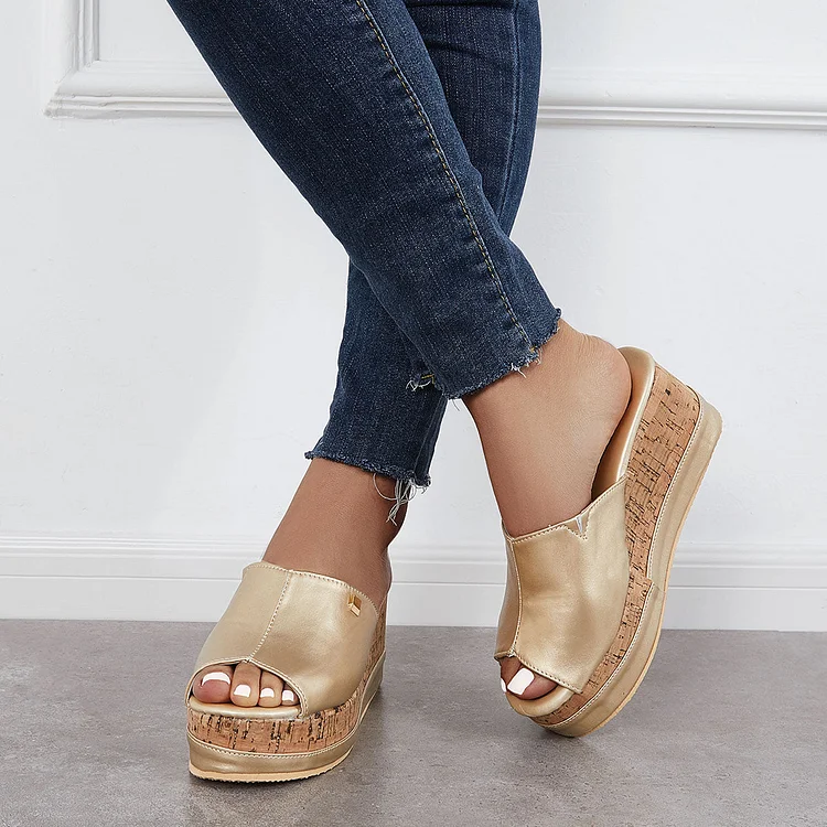 Comfortable Cork Footbed Slipon Sandals Platform Wedge Slippers