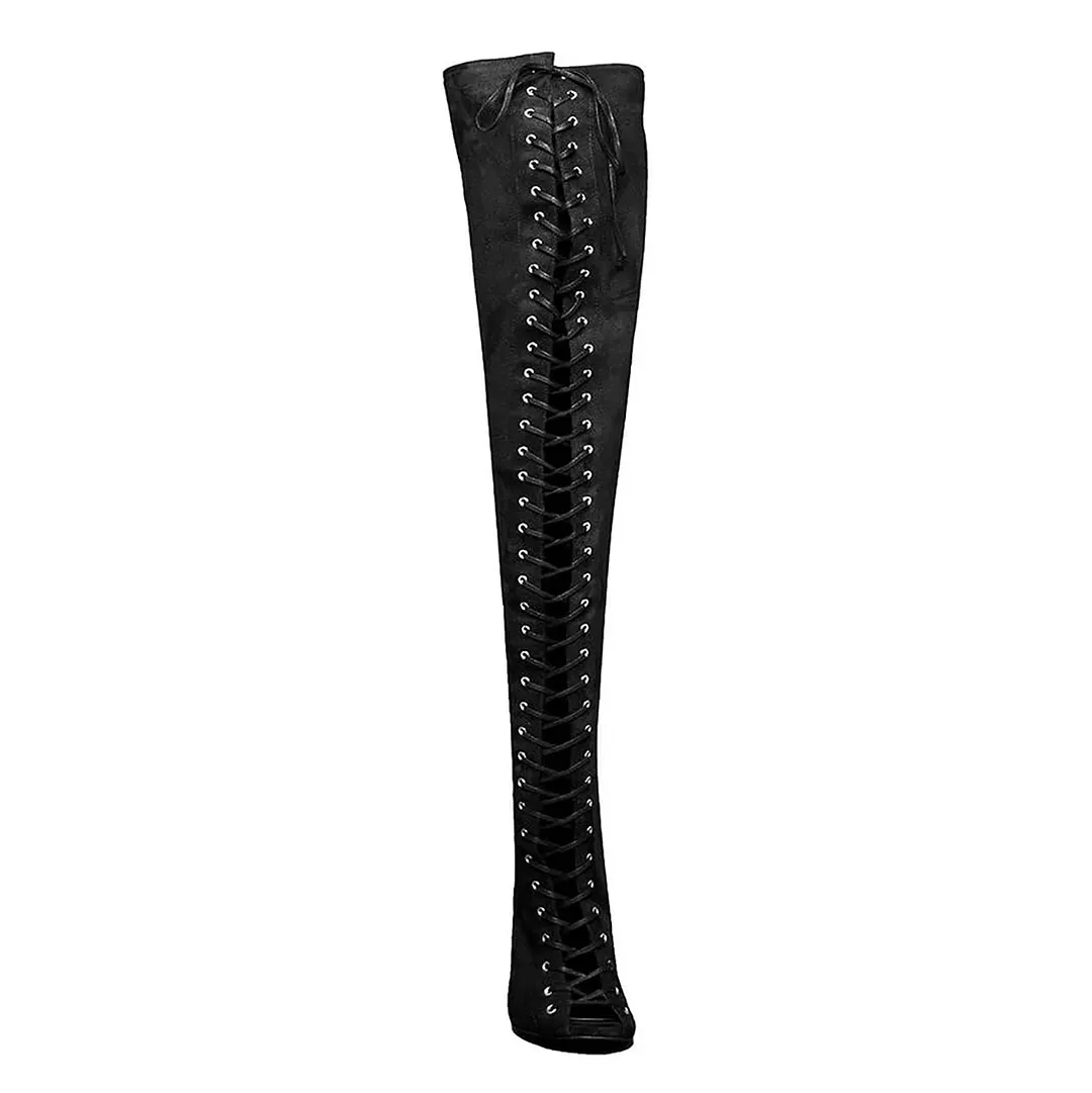 Women's Peep Toe Lace Up Black Thigh High Boots with Back Zipper