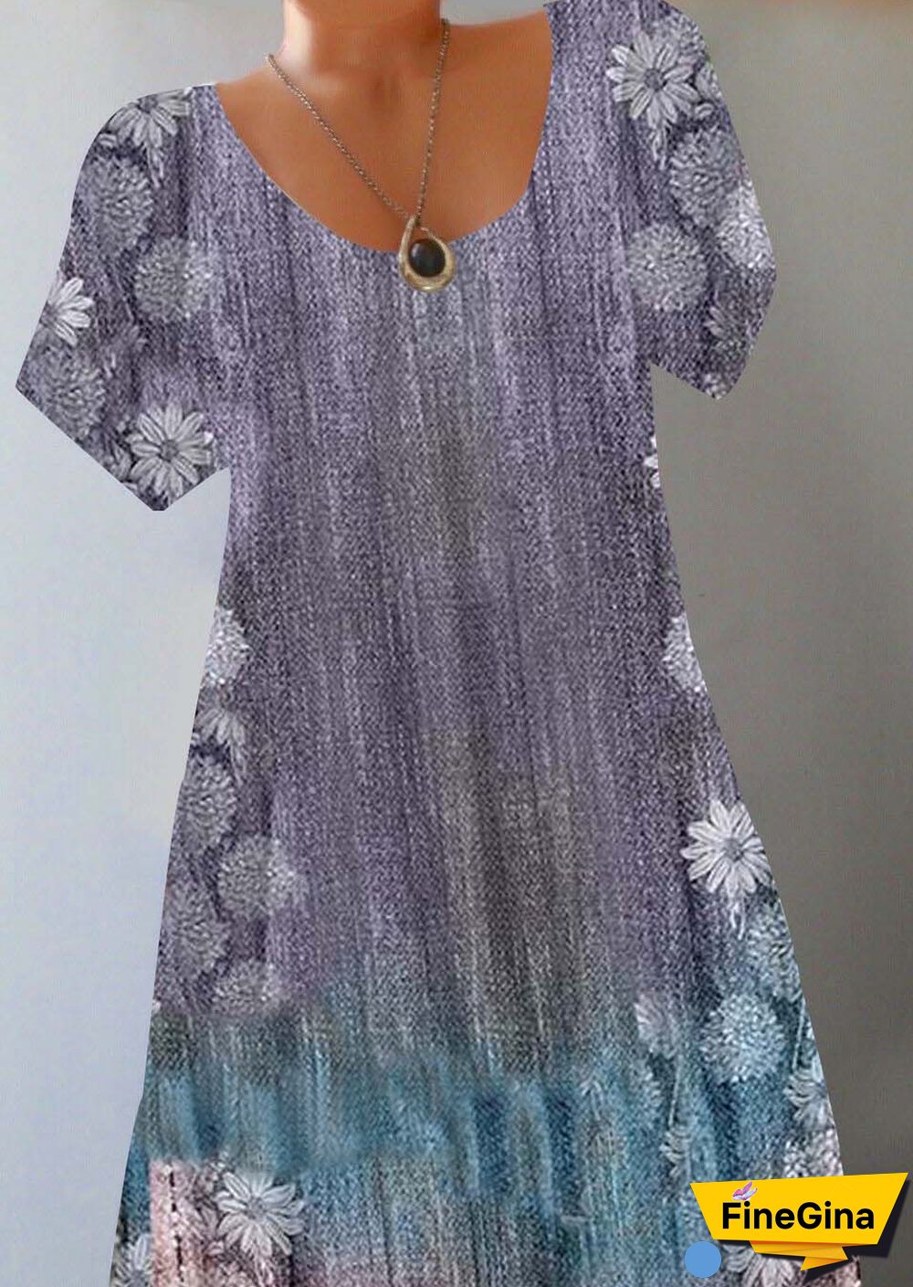 Women Casual Short Sleeve Scoop Neck Floral Printed Gradient Midi Dress