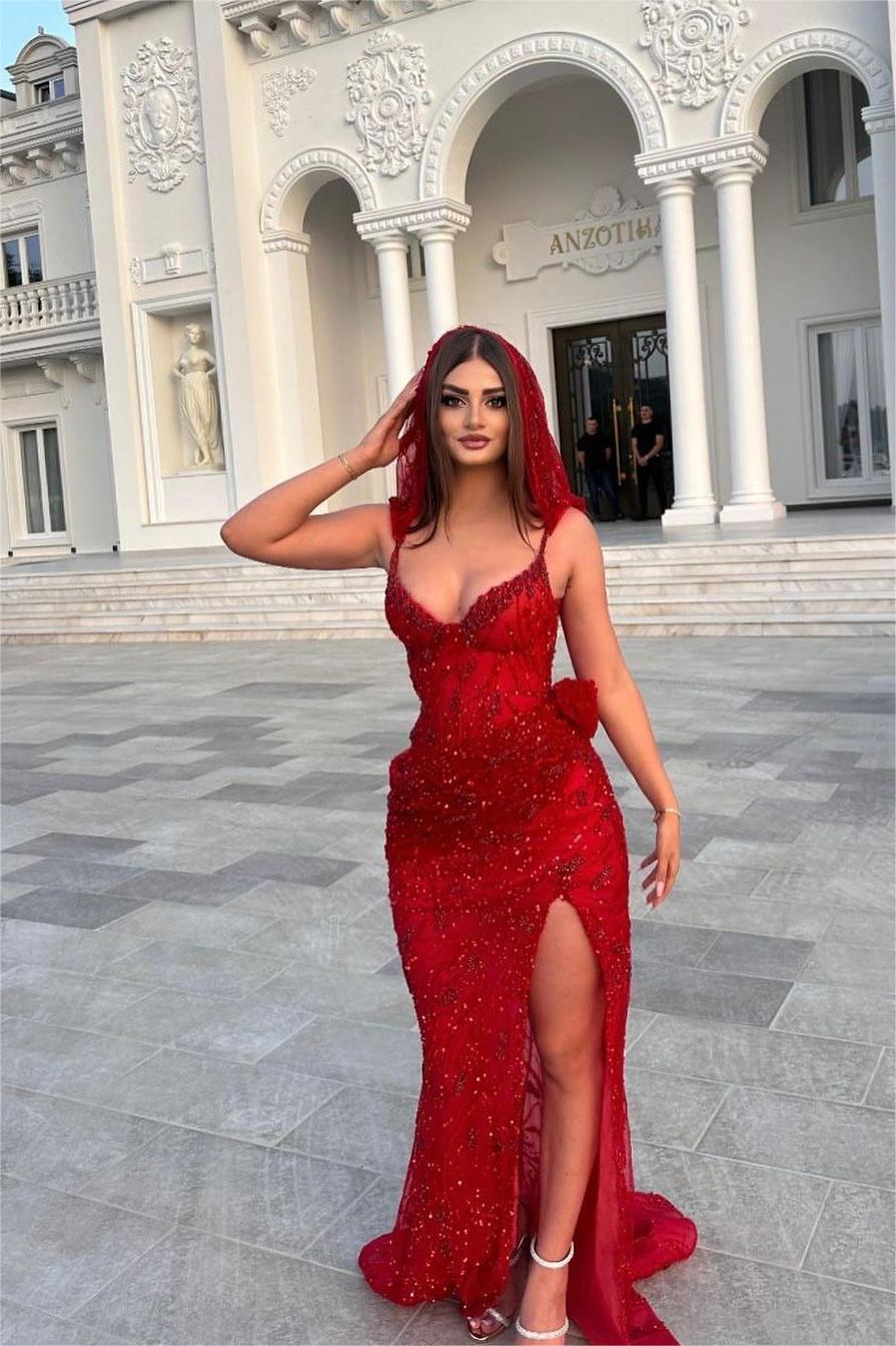Lvs&Broner Stunning Red Sequins Spaghetti Strap Sleeveless Long Prom Dress With Split