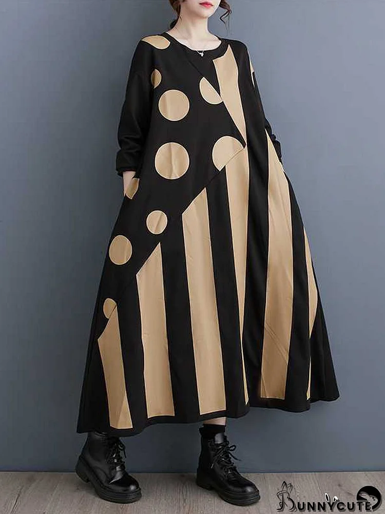 A-Line Long Sleeves Asymmetric Polka-Dot Split-Joint Striped Round-Neck Midi Dresses