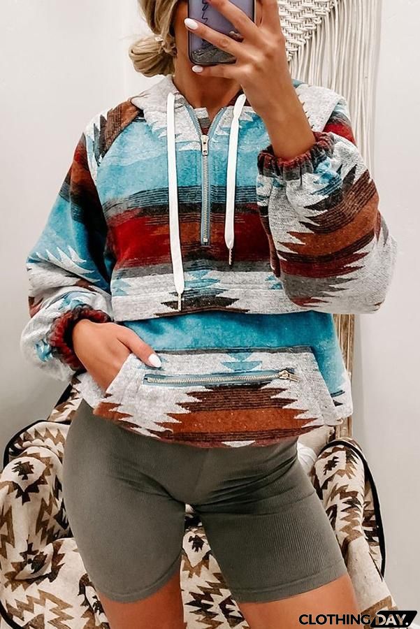 Sunset Aztec Print Pocketed Hoodie