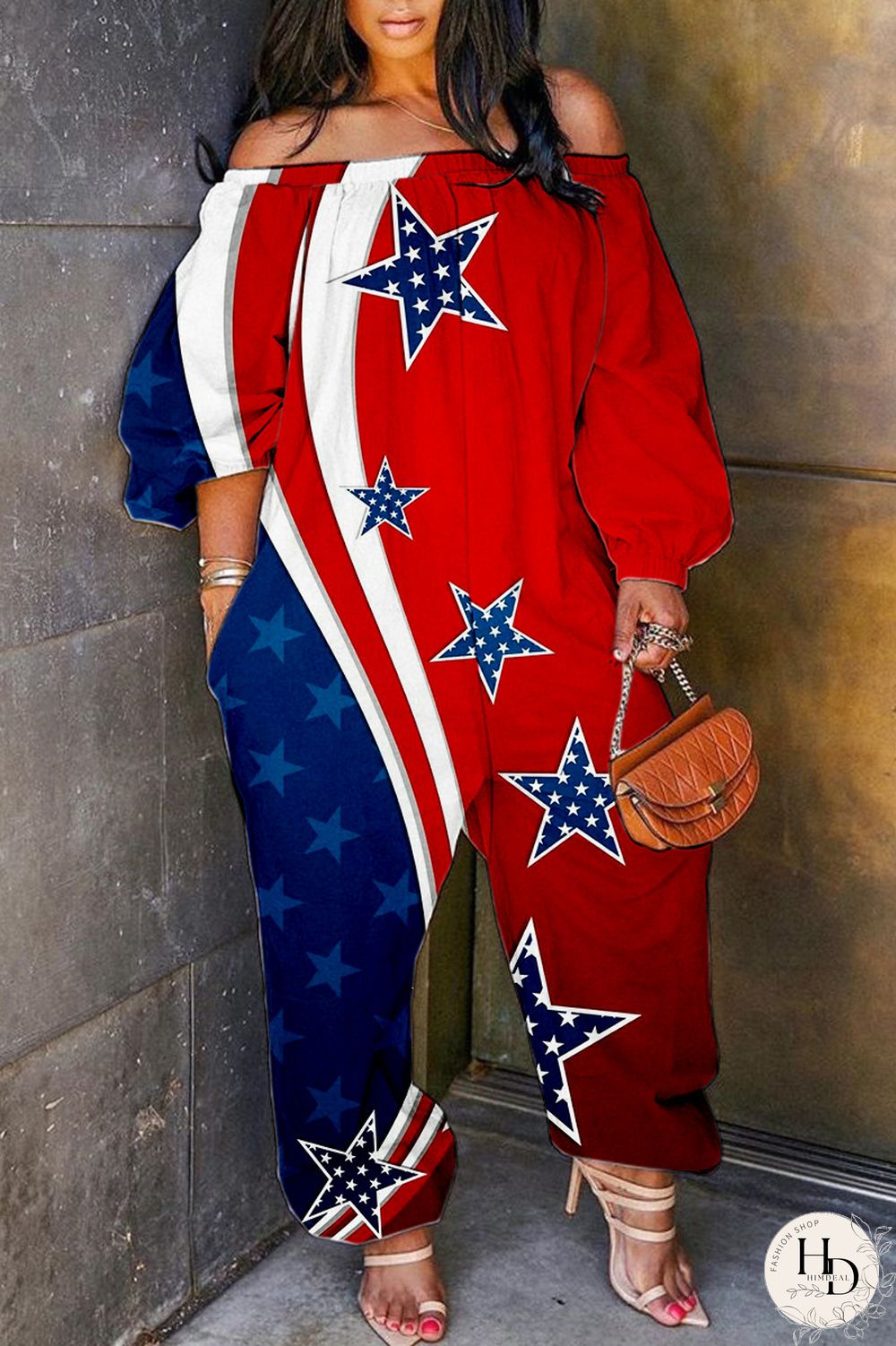 Red Blue Casual Print Backless Off the Shoulder Regular Jumpsuits