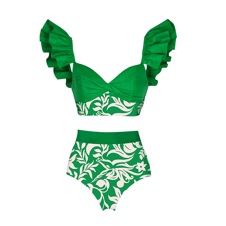 Ruffle Green Bikini Swimsuit and Sarong Flaxmaker