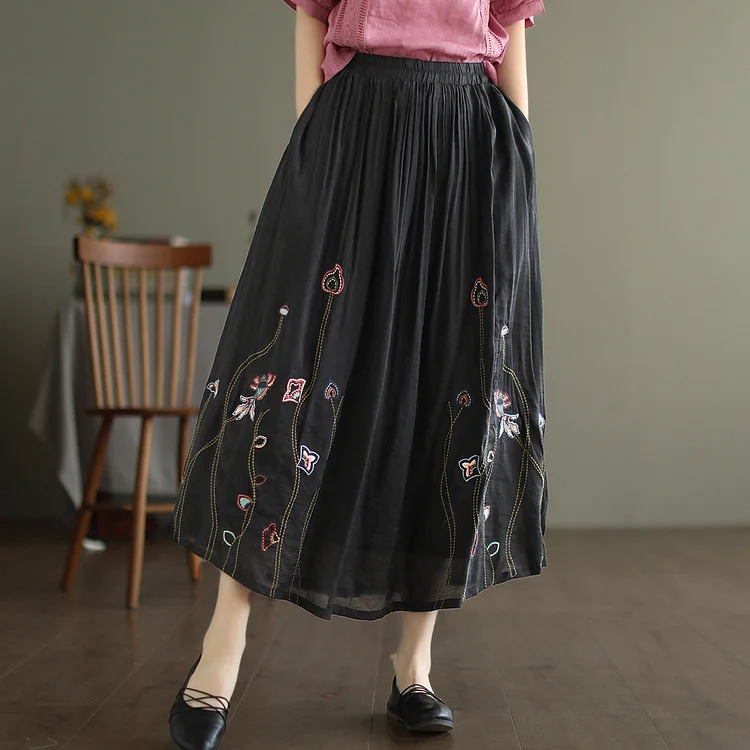 Summer Retro Floral Embroidery Double-Layer Linen Skirt