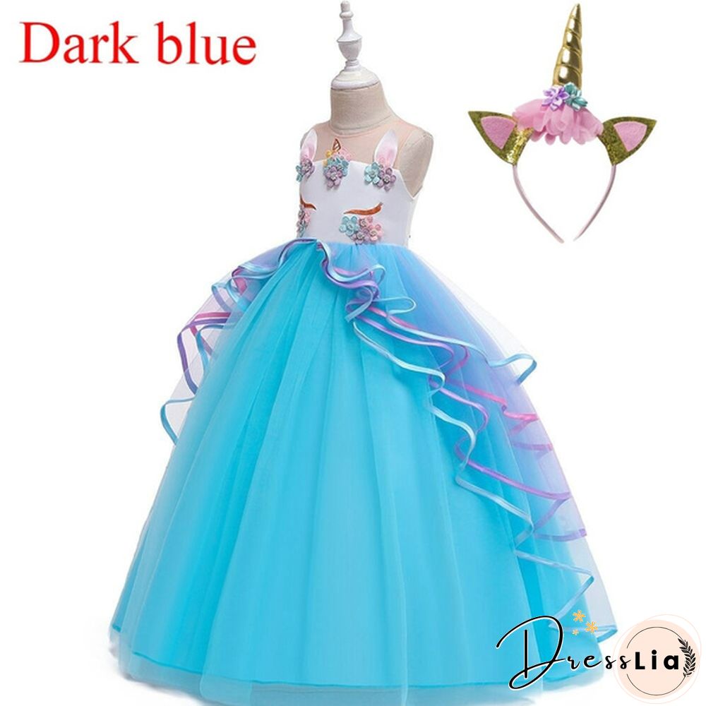 Summer Kids Girl Layered Tulle Unicorn Outfits Dress Headband for Carnival Halloween