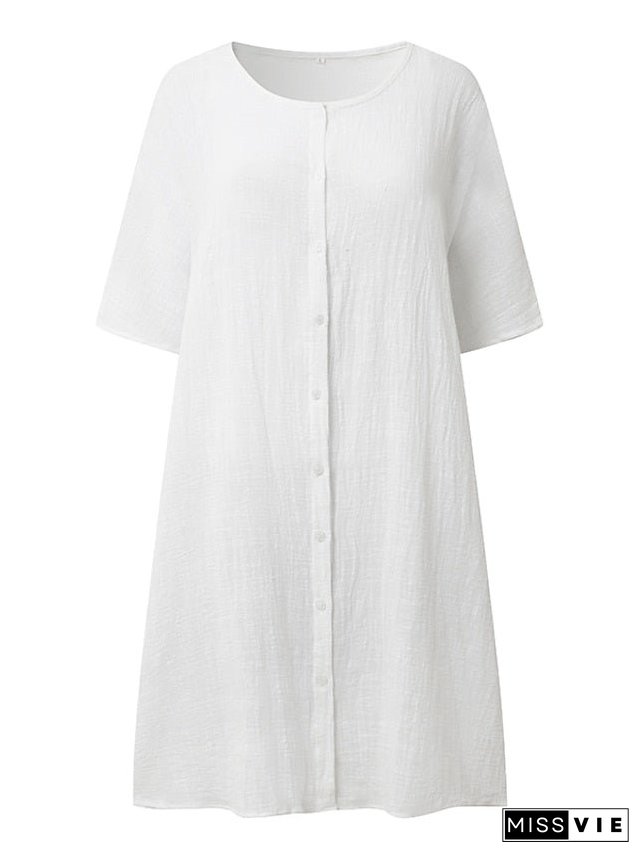 Women's Casual Dress Shirt Dress Cotton Linen Dress Mini Dress Blue Purple Pink Short Sleeve Pure Color Spring Summer V Neck Beach Basic Daily Weekend Loose Fit Linen S M L XL XXL 3XL